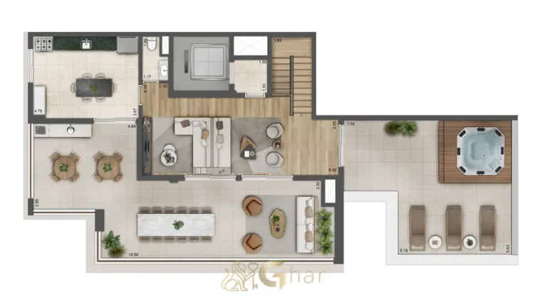Planta superior da cobertura duplex de 304 m² em condomínio residencial no bairro do Brás, na Zona Leste de São Paulo