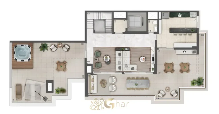 Planta superior da cobertura duplex de 370 m² em condomínio residencial no bairro do Brás, na Zona Leste de São Paulo