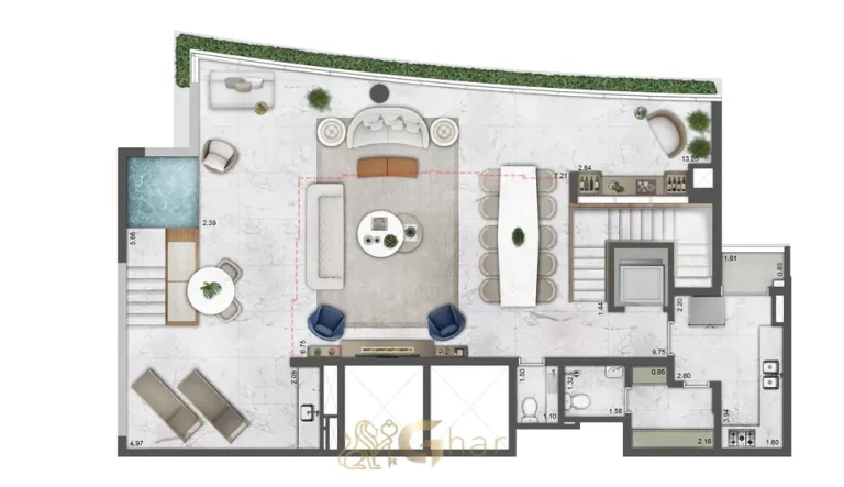 Planta do pavimento superior da cobertura duplex de 291 m² em apartamentos no bairro de Moema, São Paulo
