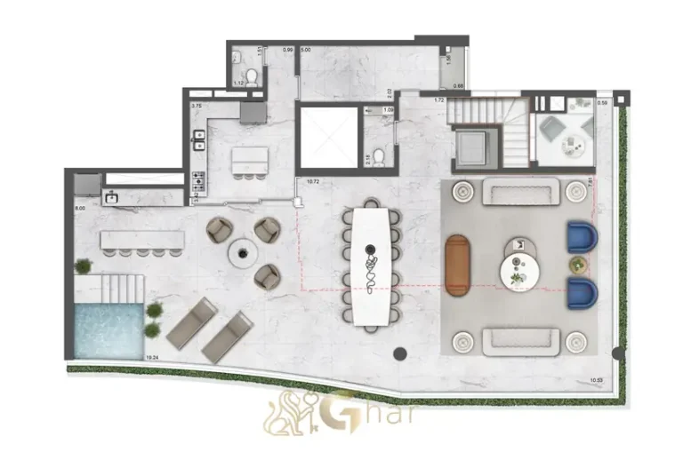 Planta do pavimento superior da cobertura duplex de 418 m² do condomínio Villa Residence Versace no bairro de Moema, São Paulo
