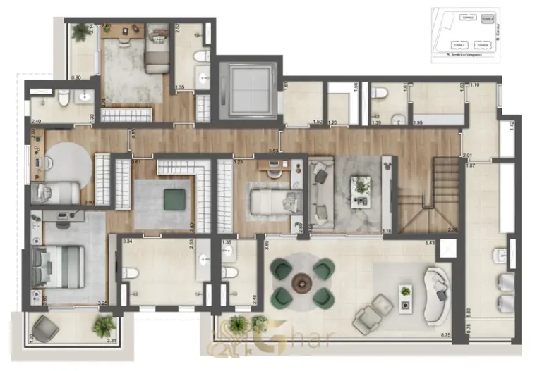 Planta de duplex 4 suítes inferior 350 m² em apartamentos no bairro da Vila Prudente, São Paulo