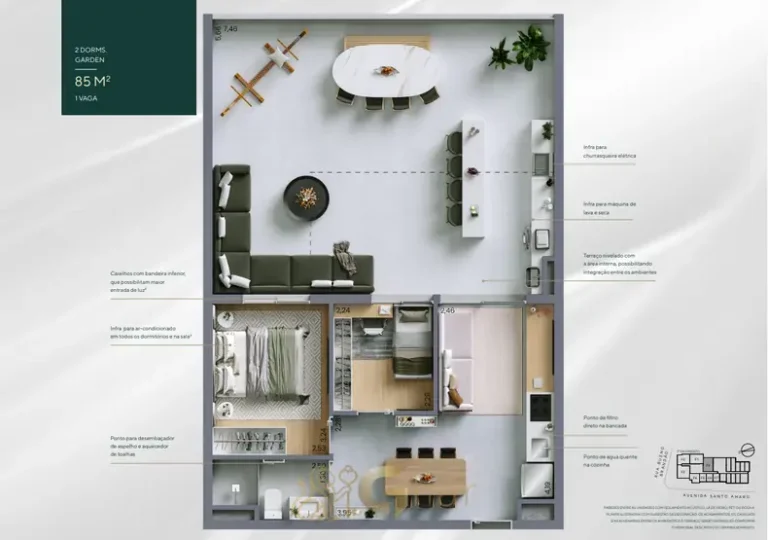 Planta do garden de 2 dorm. com 85 m² do condomínio Vert Vila Nova no bairro da Vila Nova Conceição, São Paulo