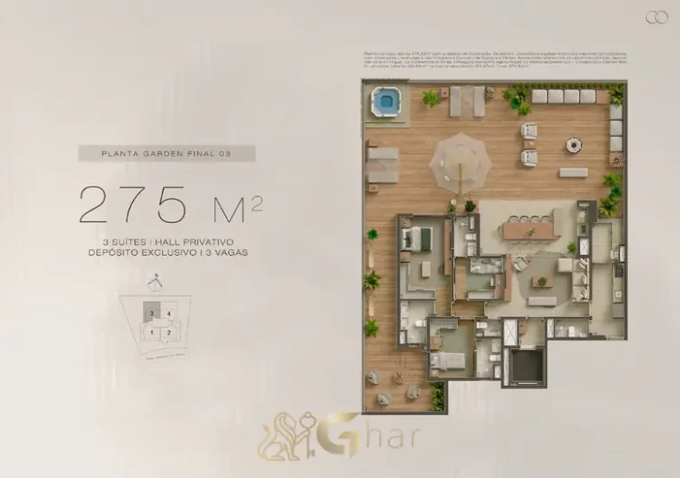 Planta do garden de 3 suítes com 275 m² em condomínio residencial no bairro da Chácara Klabin, na Zona Sul de São Paulo