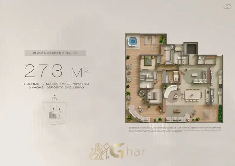 Planta do garden de 4 dormitórios com 273 m² em apartamentos no bairro da Chácara Klabin, São Paulo