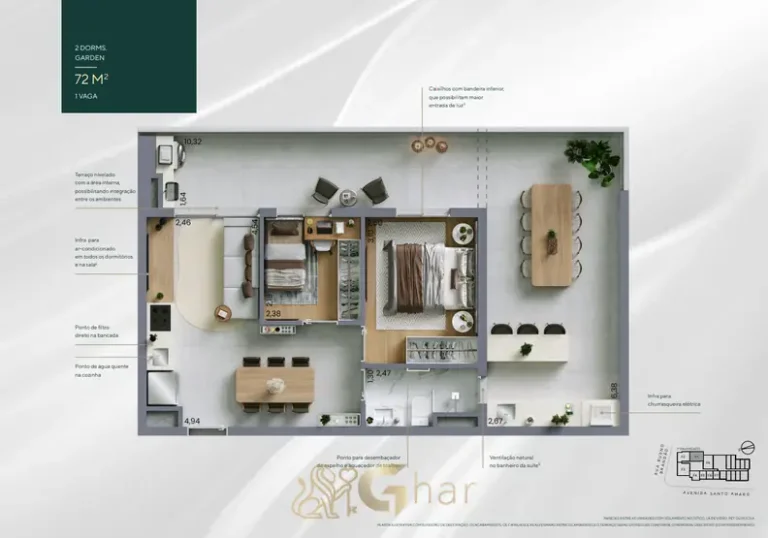 Planta do apartamento garden de 72 m² em apartamentos no bairro da Vila Nova Conceição, São Paulo