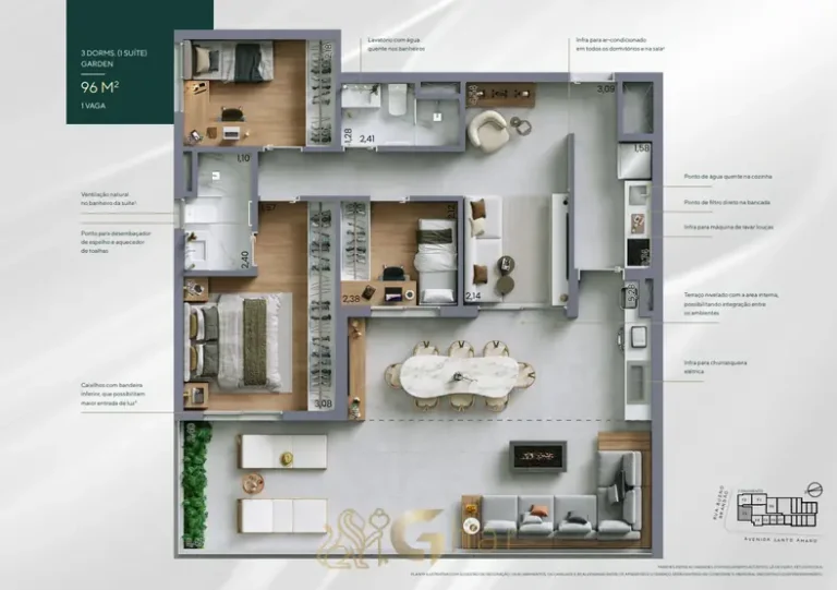 Planta do garden de 3 dorm. com 96 m² em condomínio residencial no bairro da Vila Nova Conceição, na Zona Sul de São Paulo