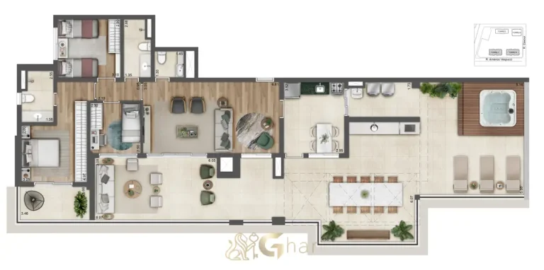 Planta de penthouse 3 dormitórios 201 m² Torres B e C do condomínio Alive Home Resort no bairro da Vila Prudente, São Paulo