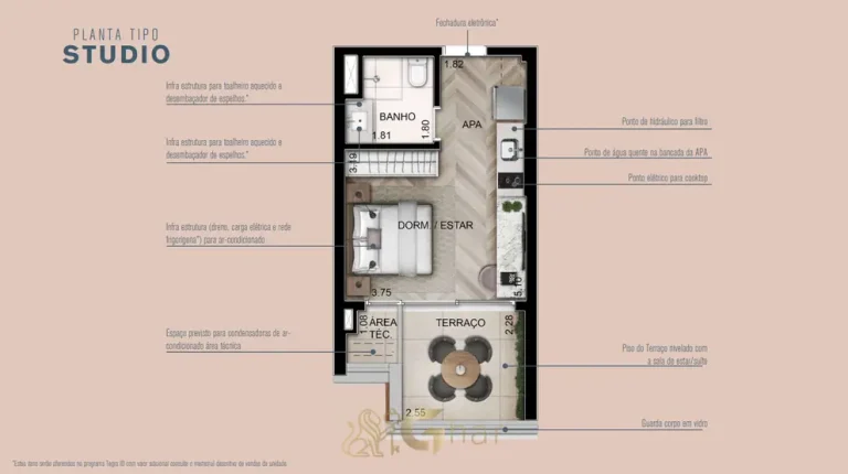 Planta do studio de 30 m² em condomínio residencial em Higienópolis, na Zona Oeste de São Paulo