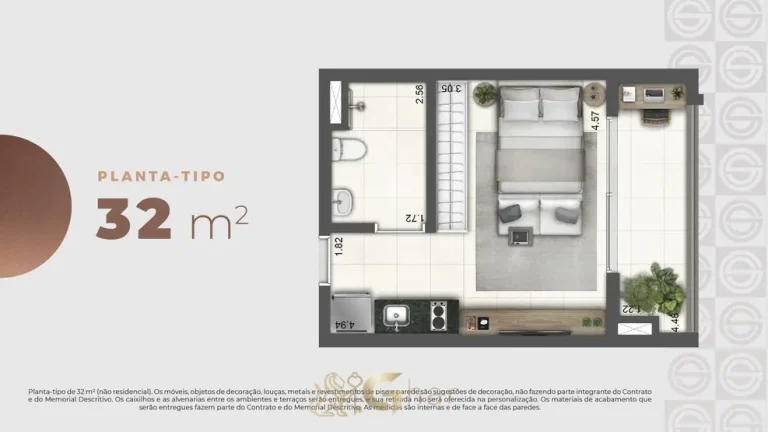 Planta do studio de 32 m² do condomínio Grand Square no bairro da Praça da Árvore, São Paulo