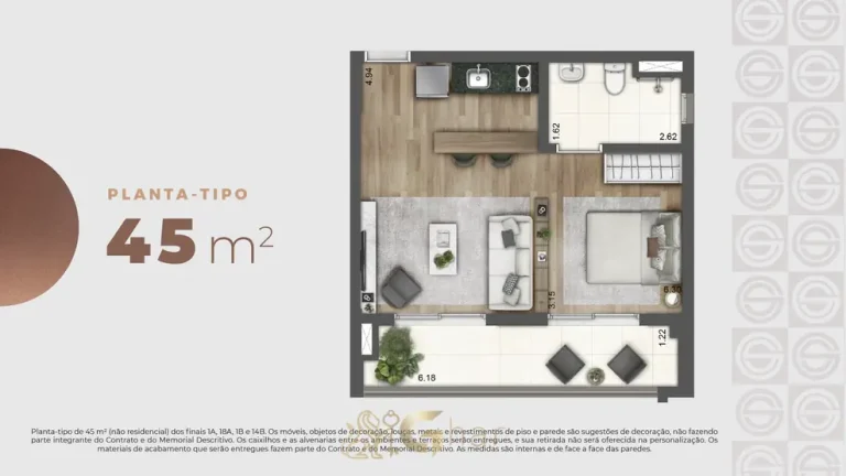 Planta do studio de 45 m² em apartamentos no bairro da Praça da Árvore, São Paulo