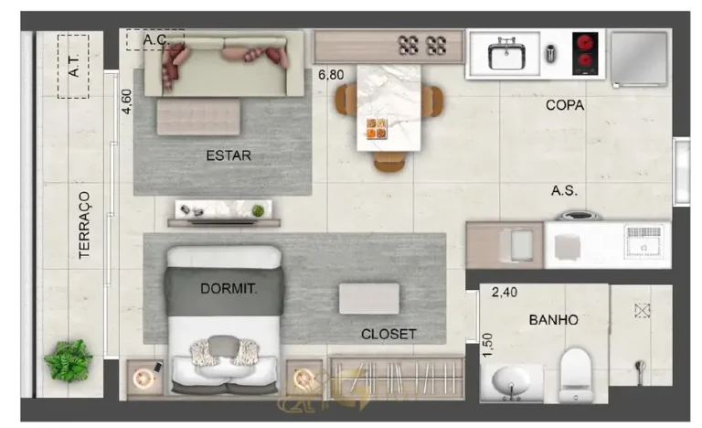Planta do studio de 40 m² em apartamentos no bairro do Brooklin, São Paulo