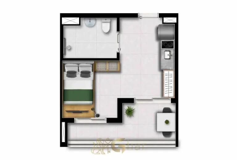 Planta do studio de 30 m² do condomínio Nex One Paraíso no bairro do Paraíso, São Paulo