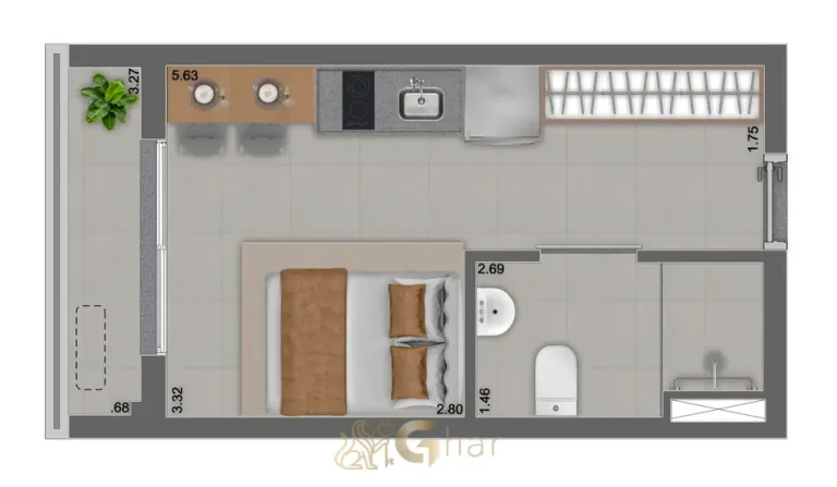 Planta de studio de 25 m² (opção 1) do condomínio NIK Estilo Paulista no bairro do Paraíso em São Paulo