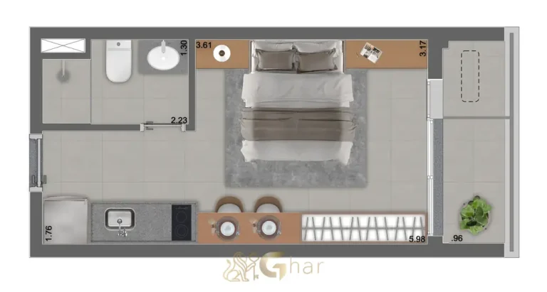Planta de studio de 25 m² (opção 2) em apartamentos no Paraíso, São Paulo