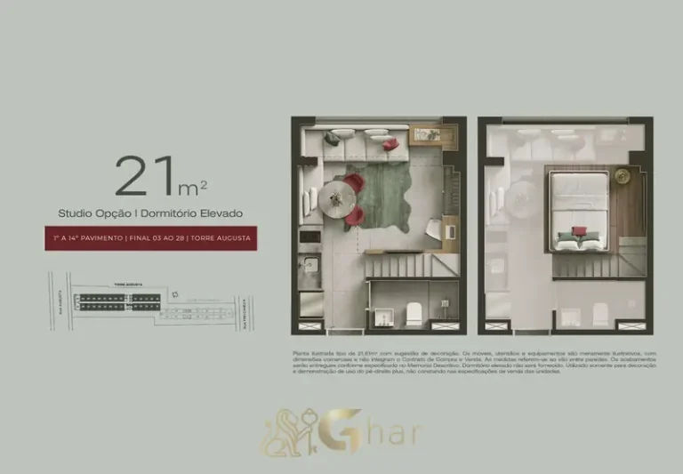 Planta do studio de 21 m² em apartamentos no bairro da Consolação, São Paulo