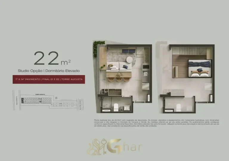 Planta do studio de 22 m² com pé-direito plus em condomínio residencial no bairro da Consolação, no Centro de São Paulo