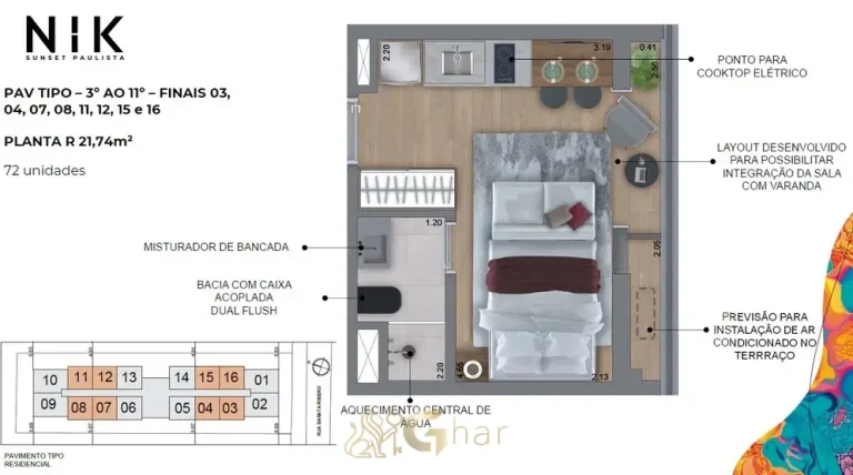 Planta de studio de 21,74 m² do condomínio Nik Sunset Paulista no bairro da Bela Vista em São Paulo