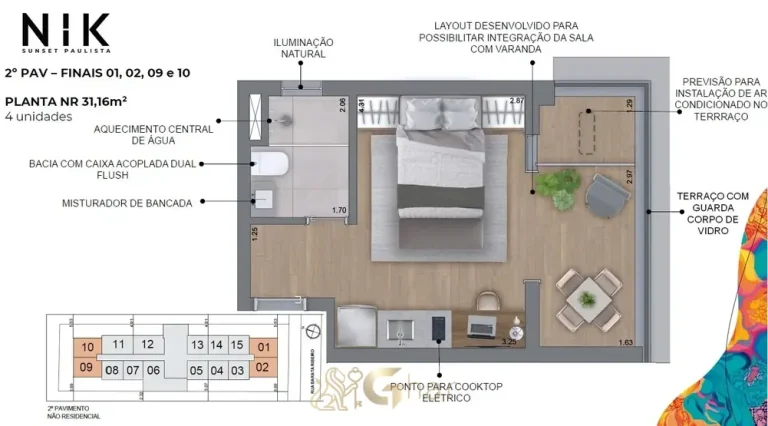 Planta de studio de 31,16 m² em studios na Bela Vista, São Paulo