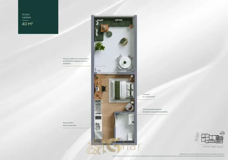 Planta do studio garden NR de 40 m² em condomínio residencial no bairro da Vila Nova Conceição, na Zona Sul de São Paulo