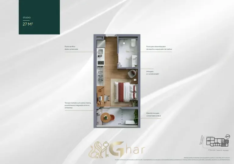 Planta do studio NR compacto de 27 m² em apartamentos no bairro da Vila Nova Conceição, São Paulo