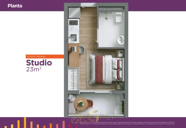 Planta de studio de 23 m² em condomínio residencial no bairro da Bela Vista, no Centro de São Paulo