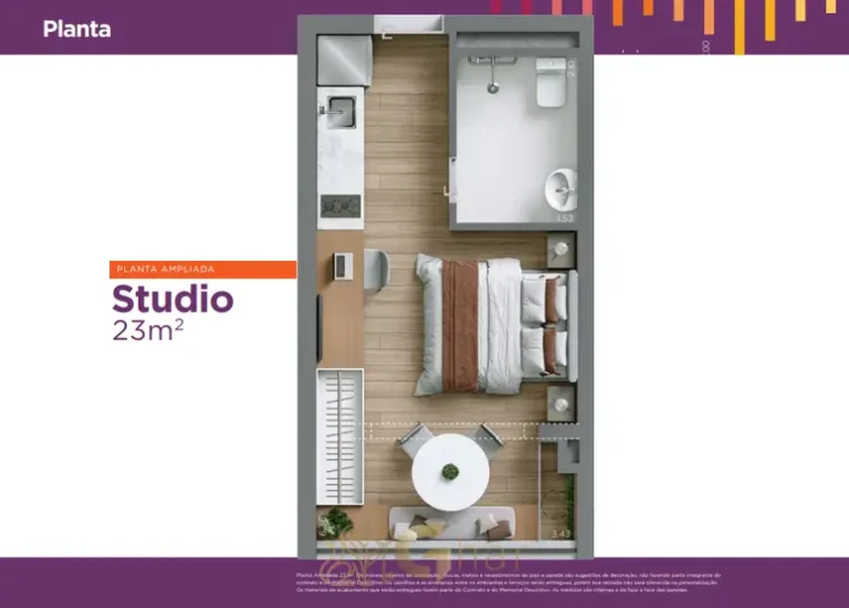 Planta espelhada de studio 23 m² do condomínio RYT Paulista no bairro da Bela Vista, São Paulo