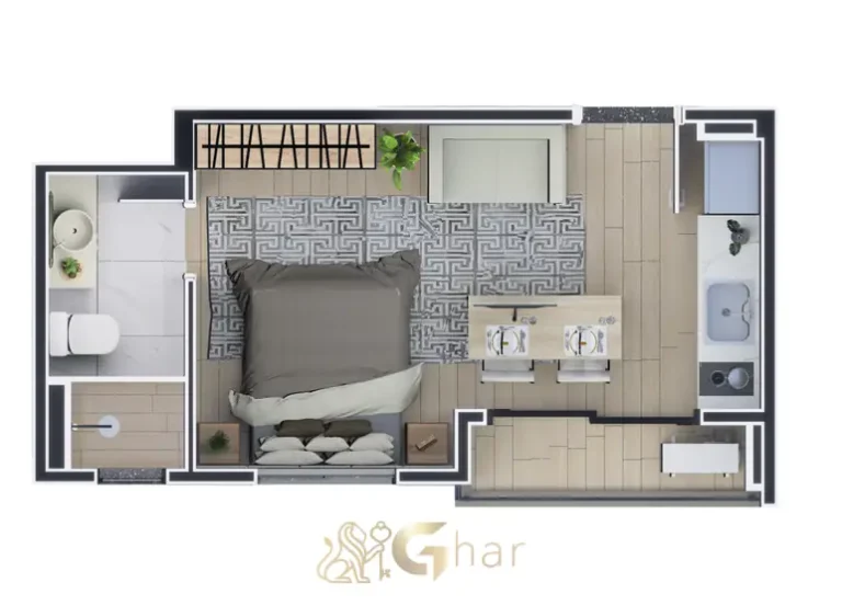 Planta de studio de 32 m² do condomínio Seiza Paraíso no bairro do Paraíso em São Paulo