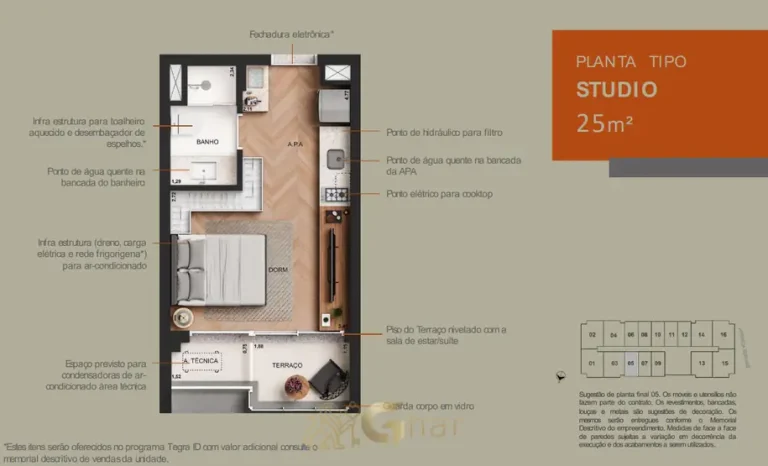 Planta do studio de 25 m² do condomínio Soma Perdizes no bairro de Perdizes, São Paulo