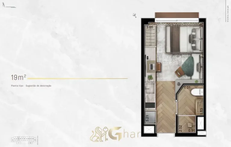 Planta do studio de 19 m² do condomínio Tièl Vila Nova Conceição no bairro da Vila Nova Conceição, São Paulo