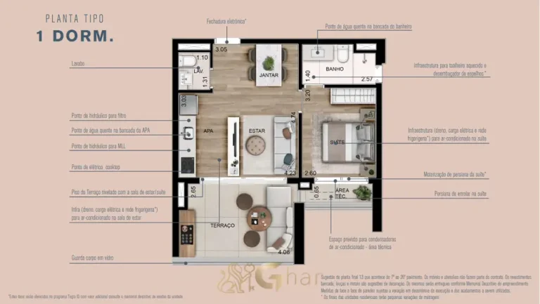 Planta do apartamento de 1 dormitório de 53 m² em condomínio residencial em Higienópolis, na Zona Oeste de São Paulo