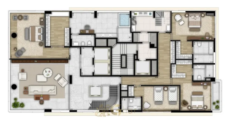 Planta do pavimento inferior do triplex de 771 m² em apartamentos no bairro da Vila Nova Conceição, São Paulo