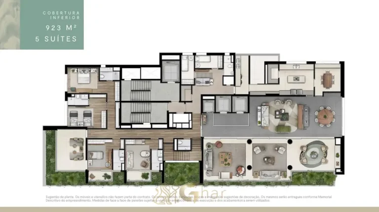 Planta do pavimento inferior da cobertura duplex de 923 m² do condomínio Bueno Brandão 257 na Vila Nova Conceição em São Paulo