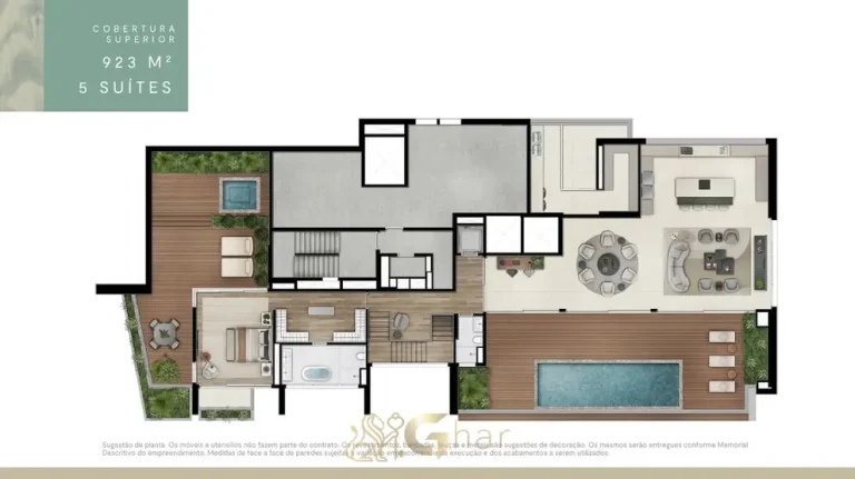 Planta do pavimento superior da cobertura duplex de 923 m² em apartamentos de luxo na Vila Nova Conceição, São Paulo