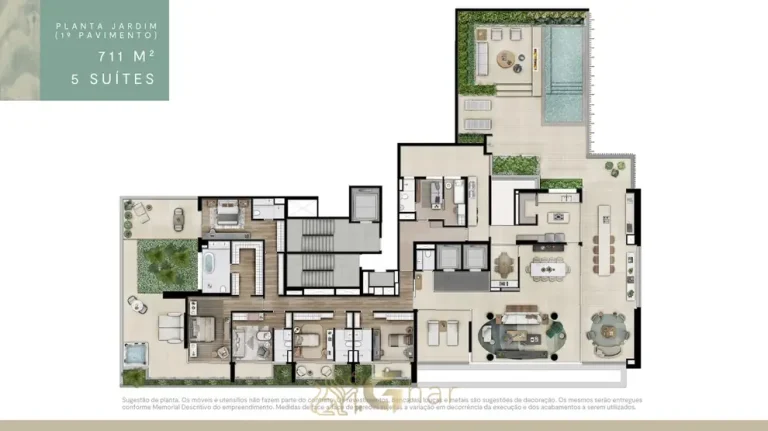Planta do apartamento garden de 711 m² com 5 suítes em condomínio de luxo na Vila Nova Conceição, na Zona Sul de São Paulo