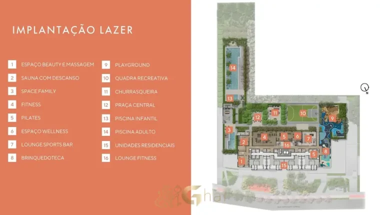 Planta de implantação do lazer no 5º pavimento em condomínio residencial na Lapa, na Zona Oeste de São Paulo