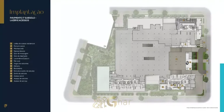 Planta de implantação do 1º subsolo com lazer do condomínio Alive Home Resort no bairro da Vila Prudente, São Paulo
