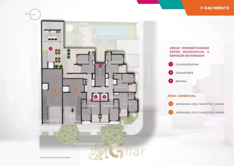 Planta de implantação do 1º pavimento em condomínio residencial no bairro da Bela Vista, no Centro de São Paulo