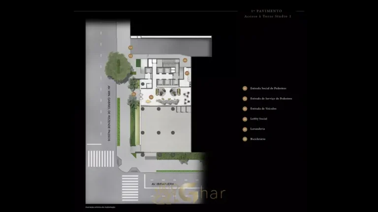 Planta de implantação do 1º pavimento em condomínio residencial no bairro de Moema, na Zona Sul de São Paulo