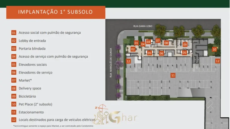 Planta de implantação do 1º subsolo com estacionamento em condomínio residencial no bairro do Alto do Ipiranga, na Zona Sul de São Paulo