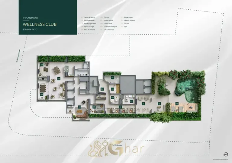 Planta de implantação do 8º pavimento com Wellness Club em condomínio residencial no bairro da Vila Nova Conceição, na Zona Sul de São Paulo