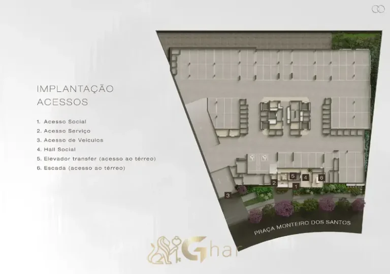 Planta de implantação com acessos e entradas em apartamentos no bairro da Chácara Klabin, São Paulo