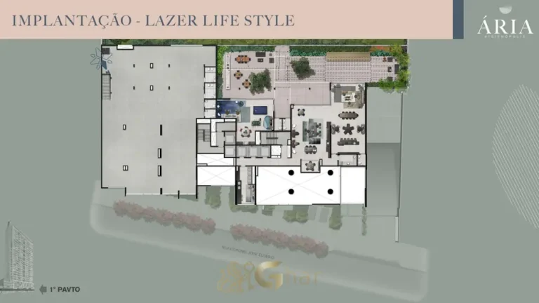 Planta de implantação do lazer no 1º pavimento em condomínio residencial em Higienópolis, na Zona Oeste de São Paulo