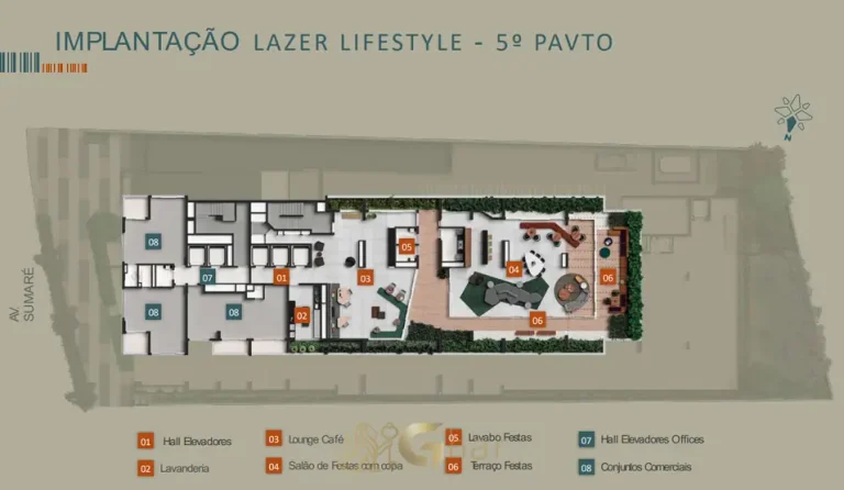 Planta de implantação do lazer no 5º pavimento em condomínio residencial em Perdizes, na Zona Oeste de São Paulo