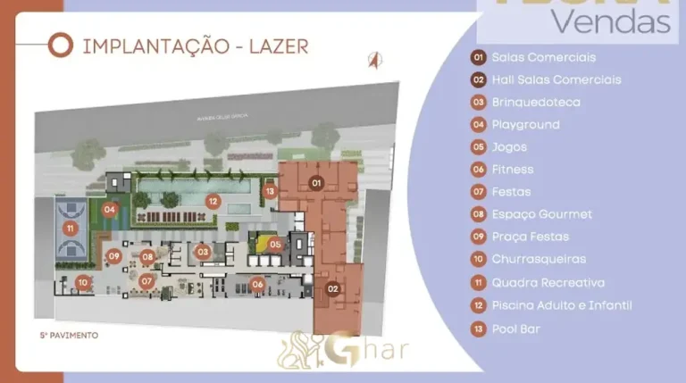 Planta de implantação do lazer no 5º pavimento em condomínio residencial no bairro do Tatuapé, na Zona Leste de São Paulo