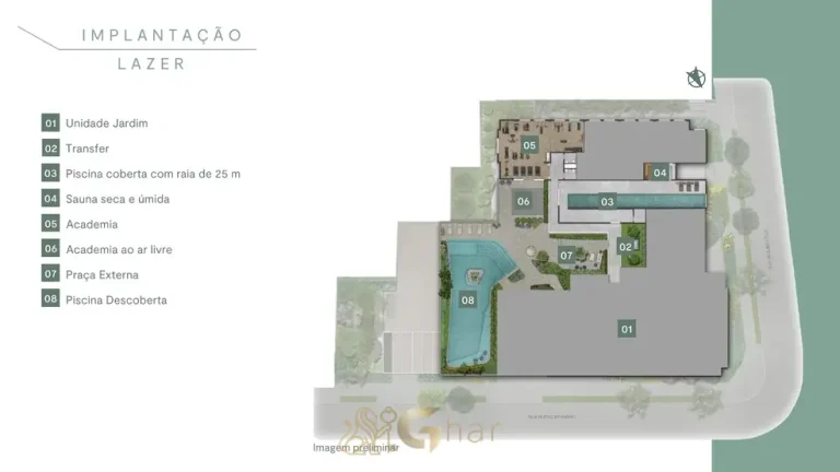 Planta de implantação do pavimento de lazer com wellness de 1.300 m² do condomínio Bueno Brandão 257 na Vila Nova Conceição em São Paulo
