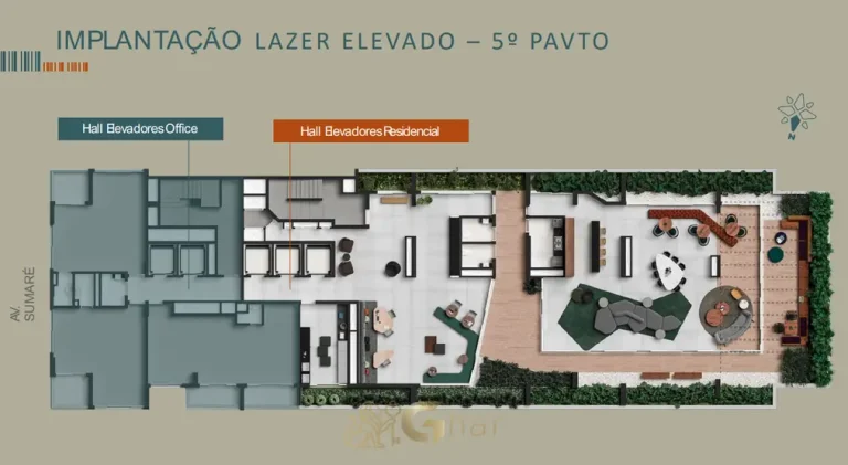 Planta de implantação do lazer elevado do condomínio Soma Perdizes no bairro de Perdizes, São Paulo