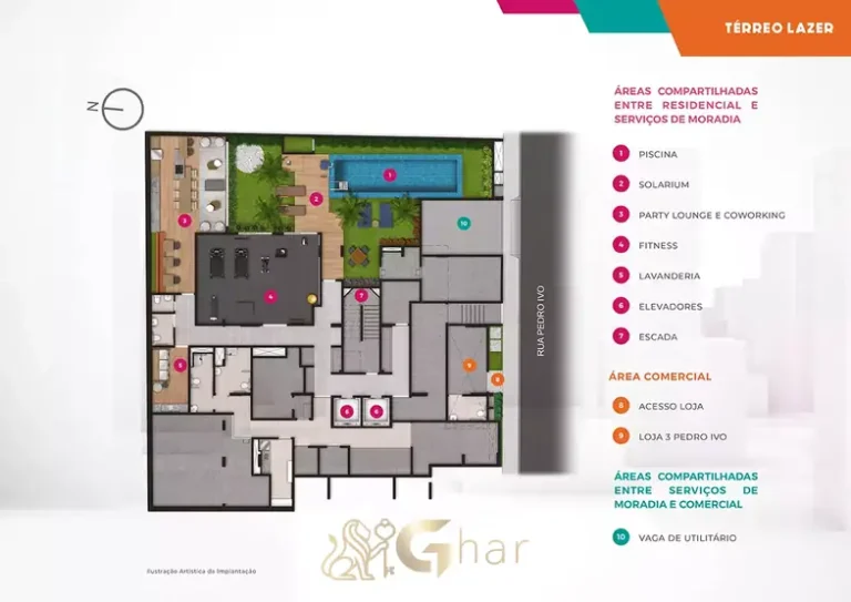 Planta de implantação do pavimento de lazer em apartamentos no bairro da Bela Vista, São Paulo