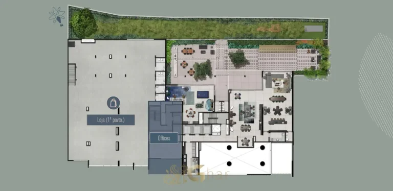 Planta de implantação dos offices e loja no 1º pavimento do condomínio Ária Higienópolis no bairro de Higienópolis, São Paulo