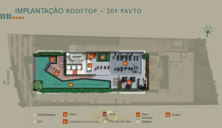 Planta do 20º pavimento de rooftop em condomínio residencial em Perdizes, na Zona Oeste de São Paulo