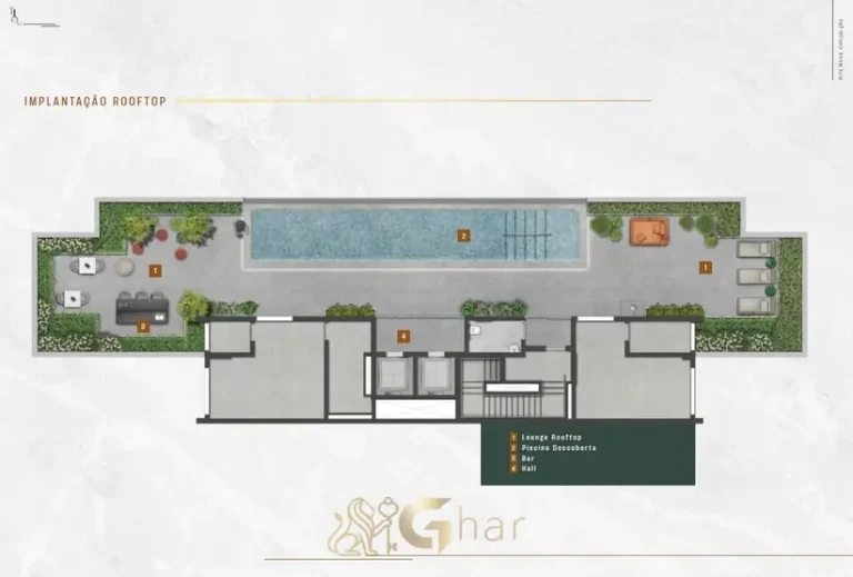 Planta de implantação do rooftop com piscina em apartamentos no bairro da Vila Nova Conceição, São Paulo